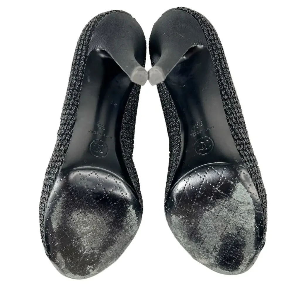 CHANEL Beaded Cap Toe Interlocking CC Black Pumps